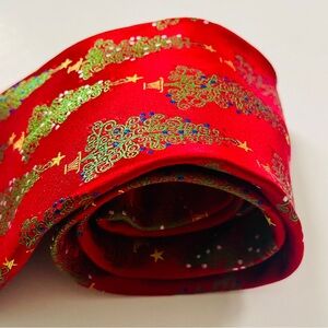 Nicole Miller Festive Red Tie with Green Christmas Trees